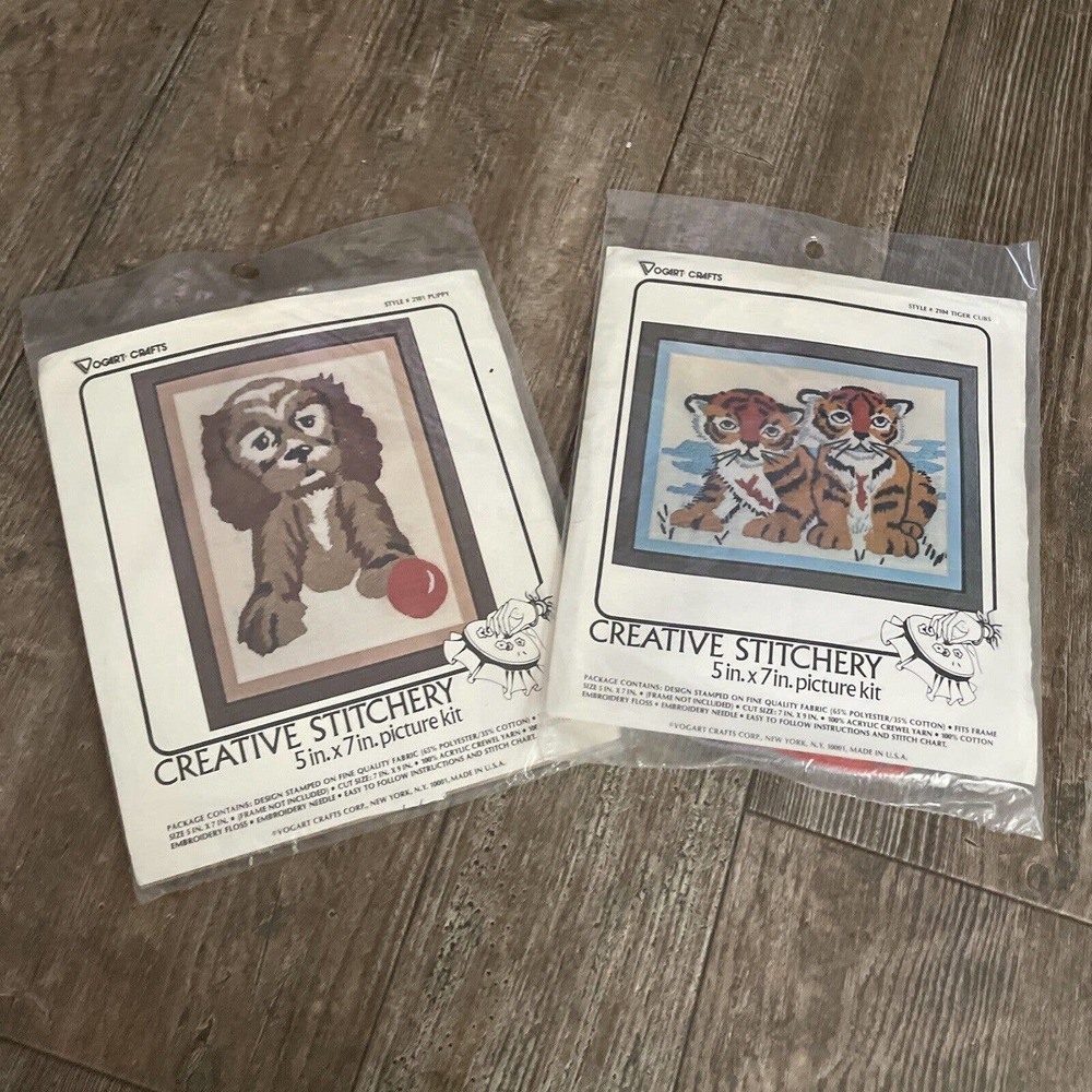 VOGART Crafts Creative Stitchery Crewel Kit 5” x 7” Tiger Cubs & Puppy NOS VTG